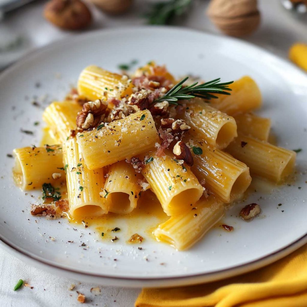 Rigatoni allo zafferano con noci e speck croccante