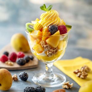 Macedonia di frutta con panna allo zafferano