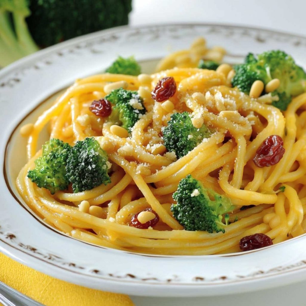 Bucatini con broccoletti, uvetta e pinoli allo zafferano