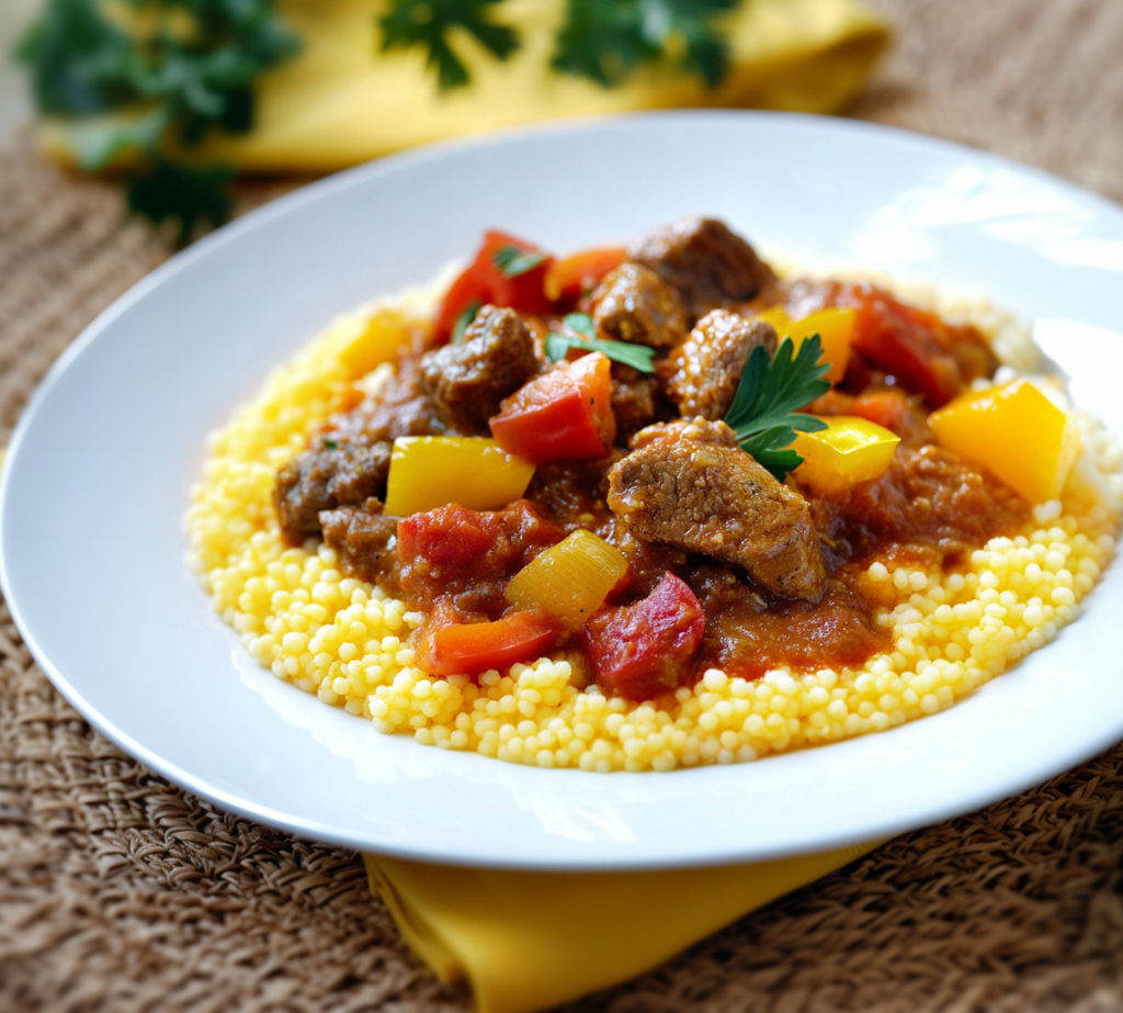Cous cous allo zafferano con spezzatino ai peperoni